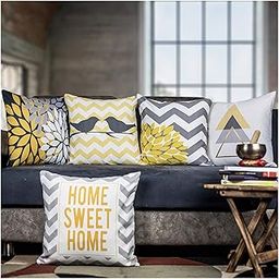 Multicolor Microfiber Satin 250TC Cushion Pillow Covers, Multicolor, Set of 5 (16X16 Inches, Iris Yellow)-37