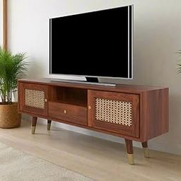 DEMIWALL Rattan Solid Wood Tv Unit| Media Unit | Cane Design TV Cabinet |Solid Wood Tv Unit |Brown Teak Finish Tvc-17