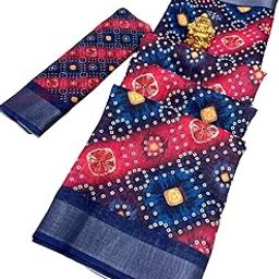 Cotton Linen Saree with Digital Print, Navy Blue with Red Border, 5.5 Metres, Floral Pattern-image-59