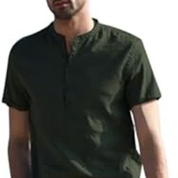 Men's Cotton Blend Mandarin Collar Short Kurta, Regular Fit, Solid Pattern, M L XL Sizes (in, Alpha, XL, Regular, Olive)-image-47