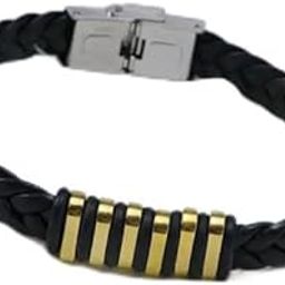 Braided Leather Bracelet with Gold-Tone Accents for Men and Women-image-65