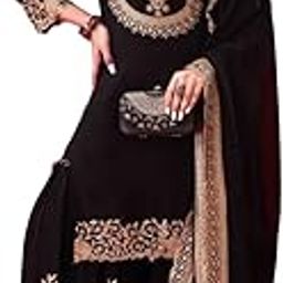 Women's Faux Georgette Ensemble with Embroidery & Sequence Work Kurti with Sharara and Dupatta Set-image-83