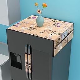 Kuber Industries Combo of 2 Wipeable & Dustproof XL Size Double Door Fridge Top Cover With Handle Cover | Easy To Clean Refrigerator Cover for Home | Flower Circle-Light Brown-image-71