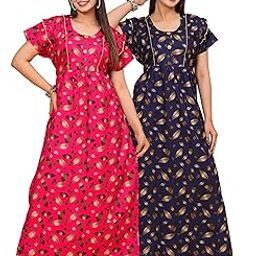 Women's Cotton Floral Print Nightgown with Golden Leaves, Navy Blue/Dark Pink, Semi-Frock Design, Pack of 1-image-28