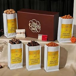 The Crunch Box Premium Rakhhi Gift Hamper with Caramel Popcorn, Dark Chocolate Popcorn, Hand Drizzled Chocolate Almonds, Peri Peri Cashews, Peri Peri Peanuts (5 x 100gms), Premium Rakhi with Chawal & Roli | Raksha Bandhan Gift Box-image-29