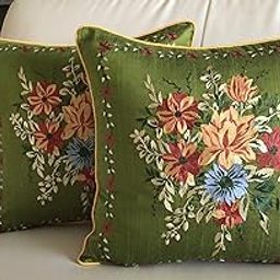 TARA- Sparkling Homes Embroidered 250 TC Cushion Covers 18 X 18 Inches In Cotton Silk, My Fair Lady (Olive Green, 18 X 18 Inches)-image-11