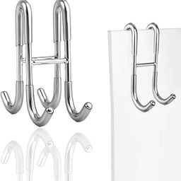 HASTHIP® 1Pcs Door Hook Rack Stainless Steel Over-the-door Hook with 4-prong Glass Door Room Over-the-door Rack Utility Removable Double Sided Wall-36