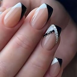Secret Lives Premium Glossy Artificial Skin Color & Black White Design with 3D White & Black Pearls Fake False Press on Nails 24 pieces Set with Kit-21