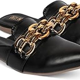 Women's Slip-on Mules with Gold Chain Detail, Black Flat Heel-7