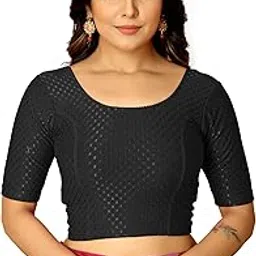 amazon brand - anarva Round Neck Dobby Cotton Lycra Stretchable Elbow Half Sleeve Readymade Saree Blouse for Women Stylish-picture-4