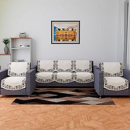 Kuber Industries Velvet Sofa Cover Set - Digital Painting Quilted SUEDE Ultra Sonic Couch Cover for Living Room and Hall - Cream-image-4
