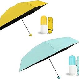 Ultra Light Mini Folding Compact Umbrella with Cute Capsule Case Pocket Waterproof Protective - Pack of 2 (Yellow, Blue)-19