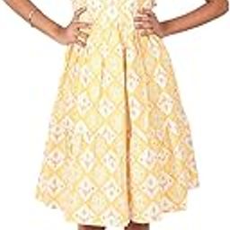 Multi Block Printed Round Neck Puff Sleeves, Knee Length Dress Yellow-picture-23