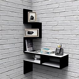 Dime Store Wooden Wall Corner Hanging Shelves for Living Room Stylish Zig Zag Home Decor Floating Display Rack Storage Organizer Unique Design (Modern, Black & White)-2