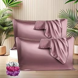 SITTELLA Set Of 2 Satin Silk Pillow Cover And 3 Free Scrunchies With Envelope Closure End Design, Soft Case For Hair Skin (Rosesolid, 600 Tc, 72 X 46 Cm)-image-41