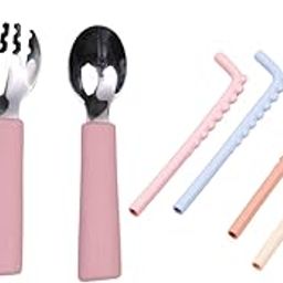 tudd Baby Grip Set Stainless Steel & Silicone Utensils for Kids | Pink with Sipper Straw Set | Reusable Silicone Bendy Straws for Kids with Brush | Safe & Easy Clean-image-10