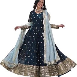 Women's Faux Georgette Full Embroidery & Sequence Work Anarkali Kurti Gown with Dupatta Set-image-81