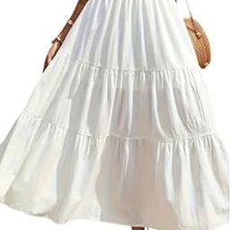 Tiered Maxi Skirt, White Cotton, High Waist, Elastic Band, Flowy A-Line-image-23