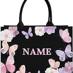 rerden Personalized Butterfly Floral Tote Bag, Black with Pink and Purple Design, Double Handle Canvas, Customizable Name-picture-24