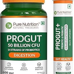 Pure Nutrition Combo Pack – Progut 50 Billion CFU (60 Veg Caps) + 15 Effervescent Tablets (Apple Flavour) 18 Billion CFU | Prebiotic & Probiotic Supplement for Gut Health, Digestion & Immunity | Relief from Acidity, Bloating & Heartburn – Apple Flavour-picture-0