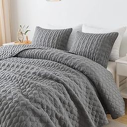 Dark Grey Quilt Queen Size Bedding Sets with Pillow Shams, Lightweight Soft Bedspread Coverlet, Quilted Blanket Thin Comforter Bed Cover, All Season Spring Summer, 3 Pieces, 90x90 inches-1