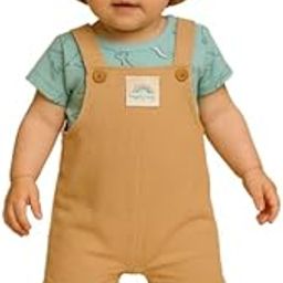 Baby Dungaree Set with Bucket Hat, Tan Cotton Shortalls with Rainbow Patch, Mint T-Shirt, 3-Piece Outfit-image-3