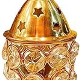 Happy Arts Crystal Brass Akhand Diya Jyoti/Om Stand with Cover Oil Lamp for Temple/Golden Large-26