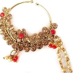 Designer Red Gold Kundan Pearl Nose Ring Nath Nathni-13