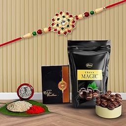 DeoDap Multicolor Bracelet/ Rakhi (K1_501_SP) & Effete Choco Magic with Silver Color Pooja Coin, Roli Chawal & Greeting Card | Occasion | Rakhi for brother with gift | Rakhi with chocolate |rakhi combo for brother | Set of 1 Rakhi | Rakhi Chocolate Gift combo|-image-61