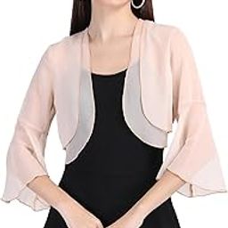 Women's Cropped Layered Lightweight Sheer Three-Fourth Bell Sleeves Georgette Open Neck Shrug Bolero-image-37