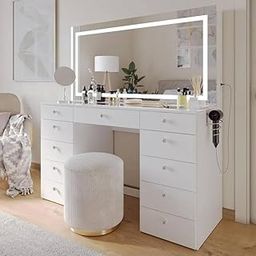 Mann Mart‚Large Vanity Desk with Bluetooth Speaker, Dimmable LEDs, & 11 Drawers - Crystal Knobs, USB Ports for Organized Beauty Routine-image-63
