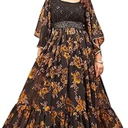 Women's Black Georgette Floral Printed Embroidered Flared Gown Round Neck Maxi Length Gown-picture-10