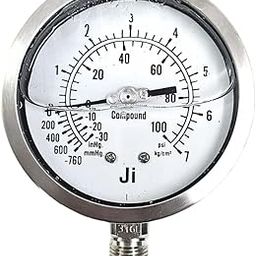 "Ji" Japsin Instrumentation Industrial Compound Gauge Glycerin Filled, 4" (100 mm) Dial, Range -760 mmhg to 7 Kg/Cm2, Direct Mounting Bottom Entry, 1/2" BSP (M) Connection, SS Case & SS Wetted Parts-31