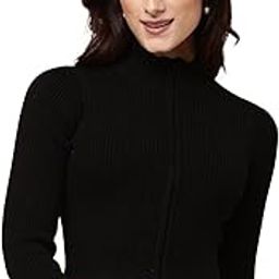Women's Acrylic Full Sleeve Turtle Neck with Rib Zip Closure Black Crop Sweater-image-15