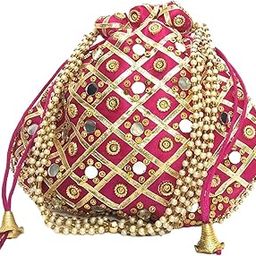 Potli Bag Velvet Golden Work Wedding potli for Ladies Gift for Women Handbags Traditional Indian Wristlet with Drawstring Ethnic Embroidery Women Fashion Potli (Rani, Mirror)-image-32