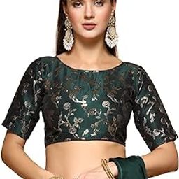 Traditional Ethnic Style Fruit Pattern Silver Zari Work Readymade Brocade Half Sleeve Round-Neck Blouse for Pairing with Sarees, lehengas, or Plazzo for Fusion wear-image-5