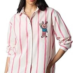 Pink Stripes: Clover Bunny Women and Girls Long Sleeves Spread Collar Button Front Striped Embroidered Cotton Oversized Fit Lightweight Comfortable All-Season Boyfriend Shirt-image-1