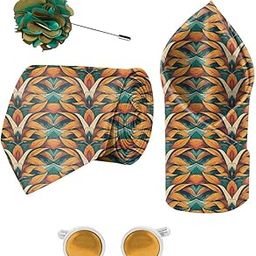 Floral Palms Printed Tie and Pocket Square Set with Cufflink and Matching Flower Lapel Pin-image-38