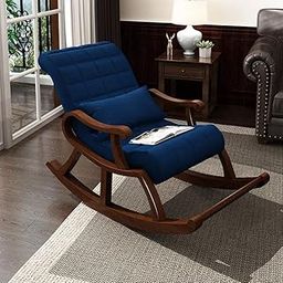 Wood Art India Teak Wood Modern Ergonomic Rocking Chair with Cushion (Blue)-image-20