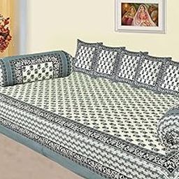 AMLEXTTRIZ Veda Cream Special Floral Pure & Soft Cotton Diwan Cover Set |8 Pcs Set - 5 Cushion Cover,2 Bolster Cover,1 Bedsheet (Gray)-image-28