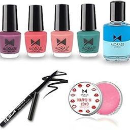 Moraze Pack of 4 Nail Polish (Coral Saga Shalala La La Magic Moment The Blue Lagoon) - 5 ML Each 1 Kajal 1 Lip Balm (Bubblegum) - 8 GM with 1 Nail Paint Remover Combo-9