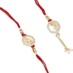 Traditional Bhaiya-Bhabhi Rakhi Set, 20 cm, Gold-Toned Medallions with Crystal and Pearl Accents, Red Thread.-image-60