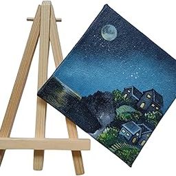 BHAGATH ART STUDIO Mini Canvas Night Scene Painting with Wooden Display Easel, 10.6 cm x 10.6 cm-image-85