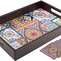 Wooden Tray For Serving-Free 4 Coasters-10 Inch X 15 Inch-Serving Tray-Tray Set For Decoration-Tea Trays-Big Coffee Tray-Premium Mdf Trey-Wooden Serving Trays-Resin Tray,Round-0