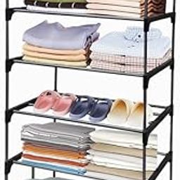 PHILOSHOP 6 Layer Black Metal Pipe & Plastic Connector Space-Saver Collapsible Wardrobe: Maximize Your Space with Style-3