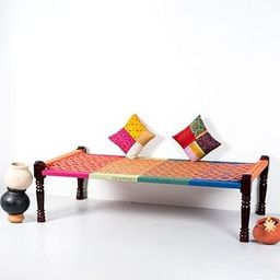 FURNWEAVE Solid Sheesham Wood Handmade Rajasthani Charpai | Cotton Rope Khatiya Charpai Single Bed Without Storage| Wooden Cot Bed | Khatiya-Khaat| 6x3 Feet | Colorful 003 (Orange-Multi)-image-64