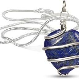 Lapis Lazuli Pendant Heart Wire Wrapped Crystal Stone Pendant/Locket with Metal Chain for Reiki Healing & Crystal Healing Gemstone Size 30-35 mm (Color : Blue)-image-78