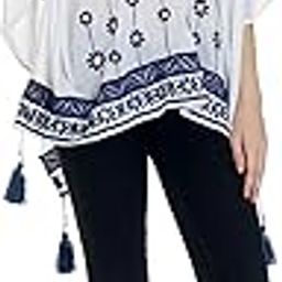 Navy Embroidered Tassel-Trimmed White Lightweight Poncho | Cotton Poncho with Dori Tassles at Hem | Bead Embellished Poncho-picture-44