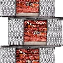 YOULK cloth storage box Non-Woven Fabric Saree Cover Clothes Organiser with Transparent Window Pack - 3 (Grey)-image-59