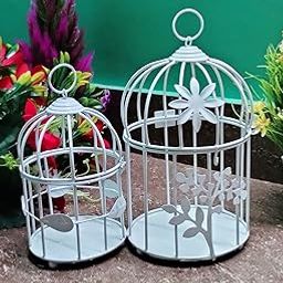 SIRAAJ&SONS™ White Color Metal Bird cage Tea Light Holder Flower Vine for Home Decor(Set of 2)-image-18